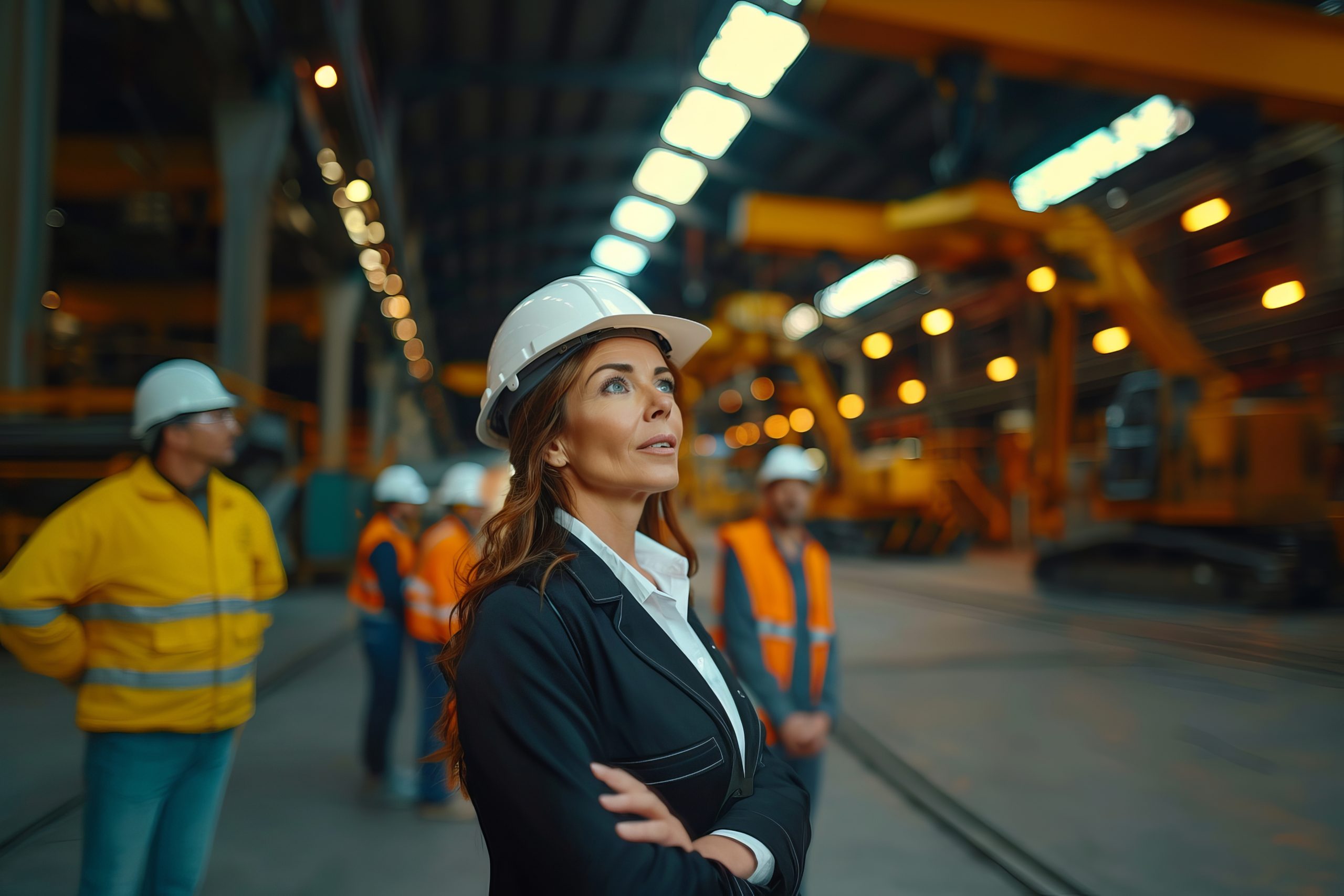 A woman who is an engineer, a boss, and wears a white hard hat and formal suit. She is observing her employees working at the construction site. Beautiful lighting. Realism. Boss! Female power --chaos 100 --ar 3:2 --style raw --sref https://s.mj.run/ftkr9p5jztw --sw 800 --stylize 1000 Job ID: 8242a52a-9b9e-4820-861f-25520a8fd94e